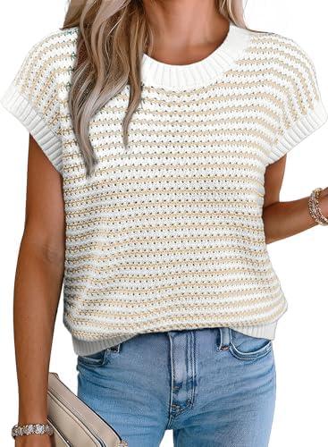 EVALESS Women's Sweater Vest Striped Pullover Tank Top Round Neck Cap Sleeve Lightweight 2026 Summer Casual Clothes, M