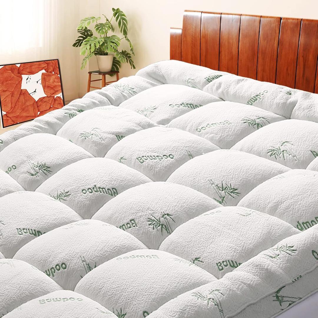 Mattress Topper Full Size, Cooling Extra Thick Breathable Viscose Made from Bamboo Mattress pad, Soft Quilted Fitted Mattress Cover with 1000 GSM Down Alternative Fill (8-21Deep Pocket)