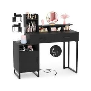 Vanity Desk, Small Vanity Desk with Power Outlet, Makeup Desk with Drawers and Cabinets, Vanity Set with Storage Shelves for Bedroom, No Mirror