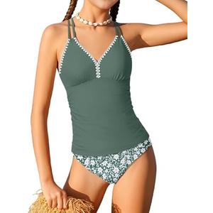 Queenstyle Girls Tankini Swimsuit V Neck Crochet Edge Bathing Suit Cross Back Straps Two Piece Swimwear for 9-16 Years