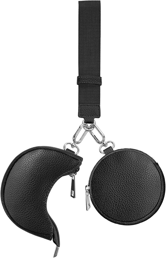 Dual Pouch Wristlet Keychain Wallet Double keychain wallets Mini Pouch Coin Purse Women Coin Detachable Wrist Zip Bag (Black)