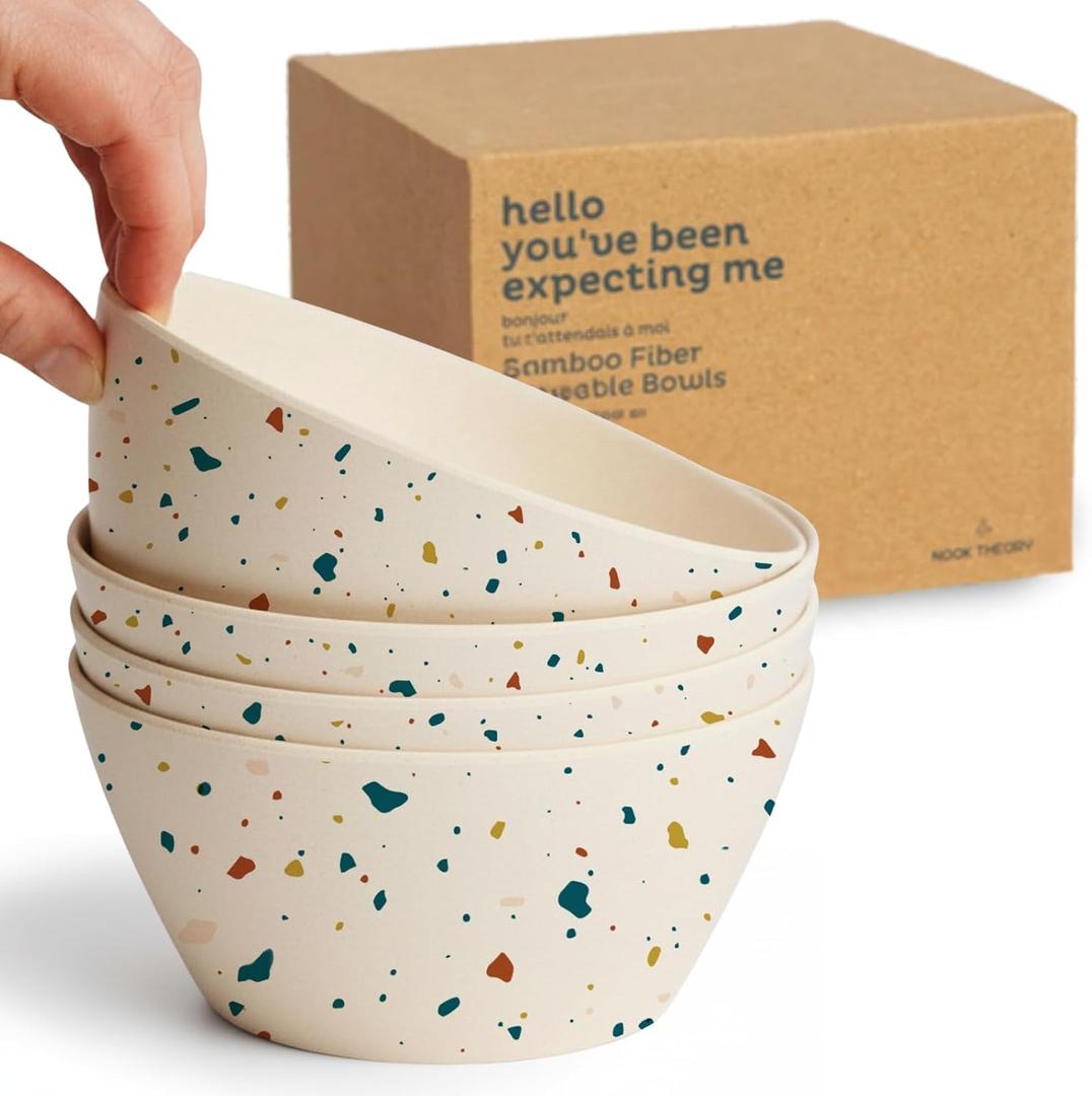 Nook Theory 4 Pack Bamboo Bowls - 22 Oz Reusable Bowl, Dishwasher Safe - Not Microwavable Bamboo Dishes (Fiesta)