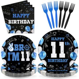 96Pcs 11th Birthday Decorations for Boys Blue Black 11th Birthday Plates and Napkins Disposable It's My 11th Birthday Tableware Set for Kids Teenager 11 Years Old Party Supplies Serves 24