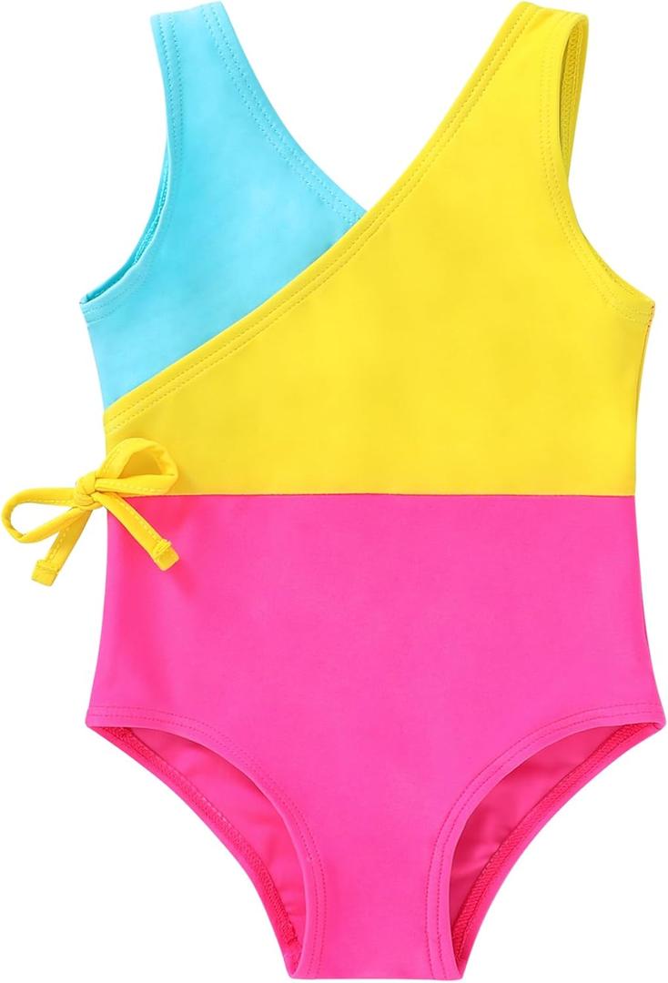 YOUNGER TREE Toddler Girl One Piece Swimsuit Color Block Stripe Swimwear Summer Beach Bathing Suit 12M-5T (7-8 Years, Bright Yellow Candy Color Block)
