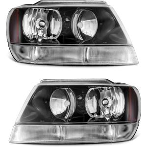 Headlight Assembly Pair for 1999-2004 Jeep Grand Cherokee Black Housing Amber Reflector Left Right W/O Bulbs