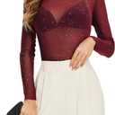 KICZOY Women See Through Tee Tops Long Sleeve T Shirt Sexy Mesh Sheer Mock Neck Layering Lace Tshirt (XS)