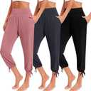 3 Pcs Women Capri Yoga Pant Casual Loose Workout Pant Lightweight Cropped Running Jogger Lounge Capri with Pocket (Small, Black, Dark Gray, Pink)