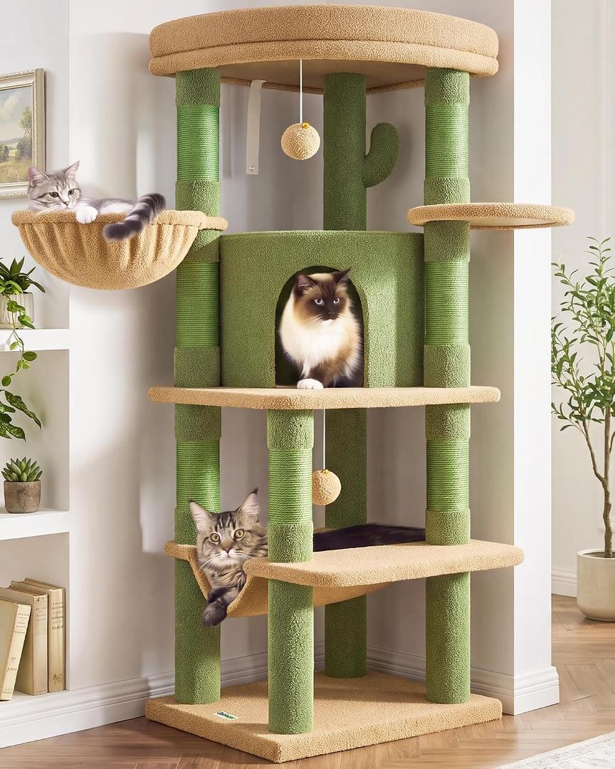 Globlazer Cactus Corner Cat Tree Tower with Scratching Post for Indoor Cats, 51in Multi-Level Cat Condo Tower with Large Hammock, Fan-Shaped Padded Perch, Spacious Cat Cave, Hanging Basket, C51, Green