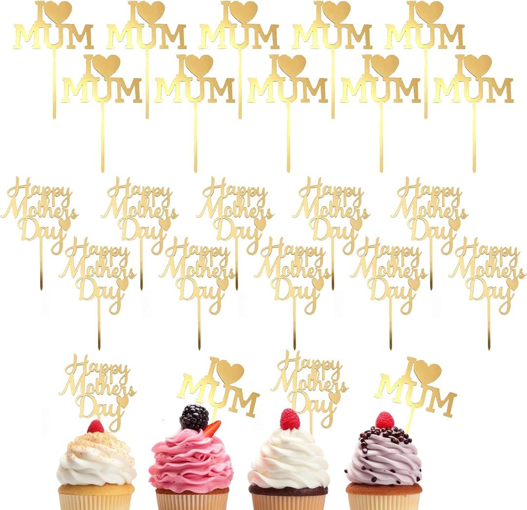 20PCS Happy Mothers Day Cake Toppers Glitter Gold Acrylic Cake Disc Mothers Days Cupcake Toppers I Love You Mom Happy Mothers Days Cakes Picks For Mothers Day Decorations Party Supplies