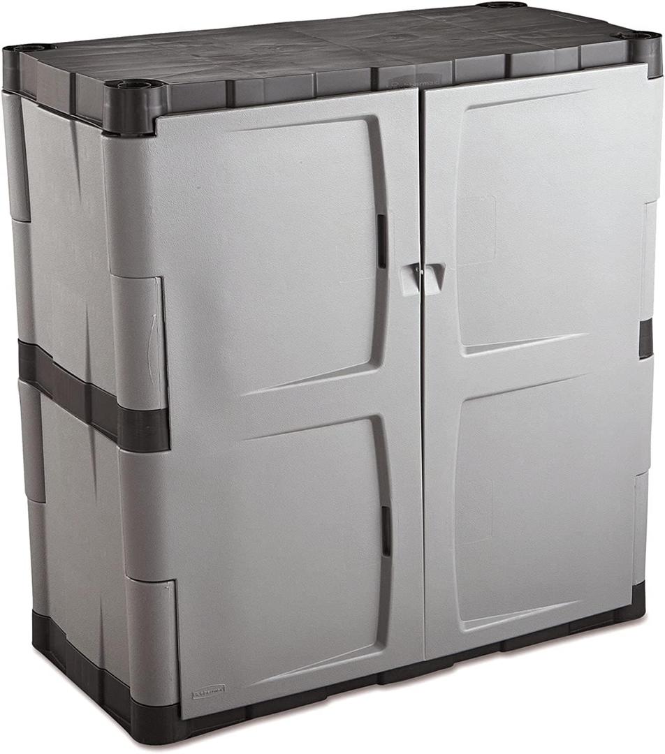 Rubbermaid Freestanding Storage Cabinet with Doors 18"D x 36"W x 37"H Medium Gray/Black Two-Shelf Lockable Cabinet for Indoor/Outdoor/Garage Storage for Garden Tools/Lawn Care Accessories