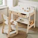 Giant bean Kids Wooden Table and Chair Set, Study Desk and Chair Set with Storage Drawer, White Learning Table with Cabinets for Boys and Girls Ages 3-12 Years,Suitable for Classroom,Home,Playroom