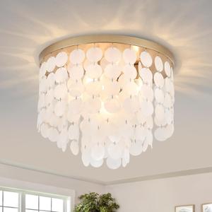 Gold Flush Mount Ceiling Light Fixture, 17.7" Modern Coastal Capiz Shell Chandelier Light for Bedroom Dining Room Living Room Bathroom Kitchen, Dimmable Small Closet Lighting for Low Ceiling