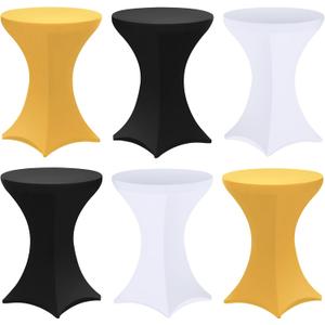 Preboun 6 Pack 32 x 43 Inch Highboy Spandex Cocktail Table Covers Fitted Stretch Cocktail Tablecloth Spandex High Top Table Cover for Birthday Wedding Graduation Party Round Tables(Black White Gold)