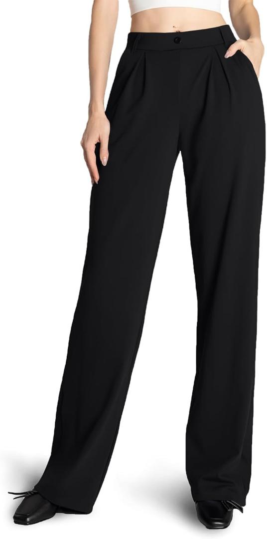 Safort Wide Leg Pants Women Dress Pants 28"/31"/34" Business Casual Trousers Work Office Loose Slacks Belt Loops Pockets (Black, L)