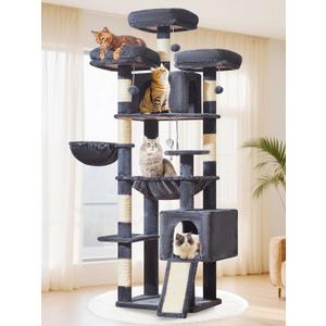 Taoqimiao 76-Inch Cat Tree XXL for Large Cats, Giant Cat Tower with Scratching Board, Extra-Large Metal Hammock, 3 Perches, 7 Sisal Posts, 2 Big Condos, Hanging Basket, Smoky Gray, MS047G