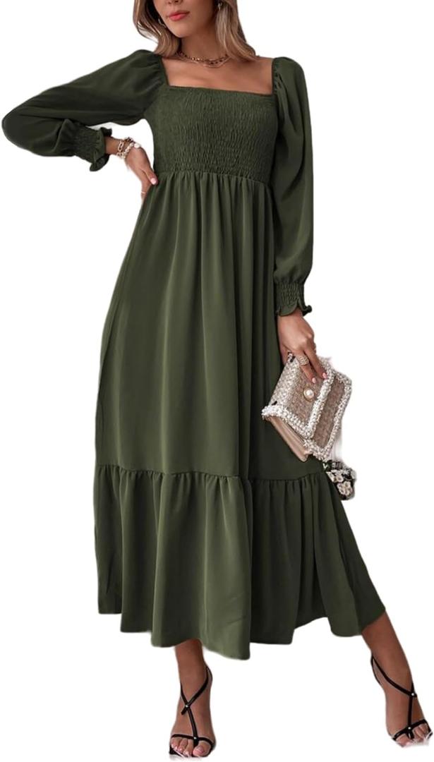 Women's Sqaure Neck Casual Dress Long Sleeve Maxi Dress Ruffle Shirred Flowy Long Dress (Army Green), XS