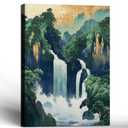 Framed Waterfall Canvas Wall Art Painting Natural Scenery Poster Print Japanese Gallery Style Picture Zen Forest Hanging Painting for Living Room Bedroom Decoration 16x24 Inch Ready to Hang