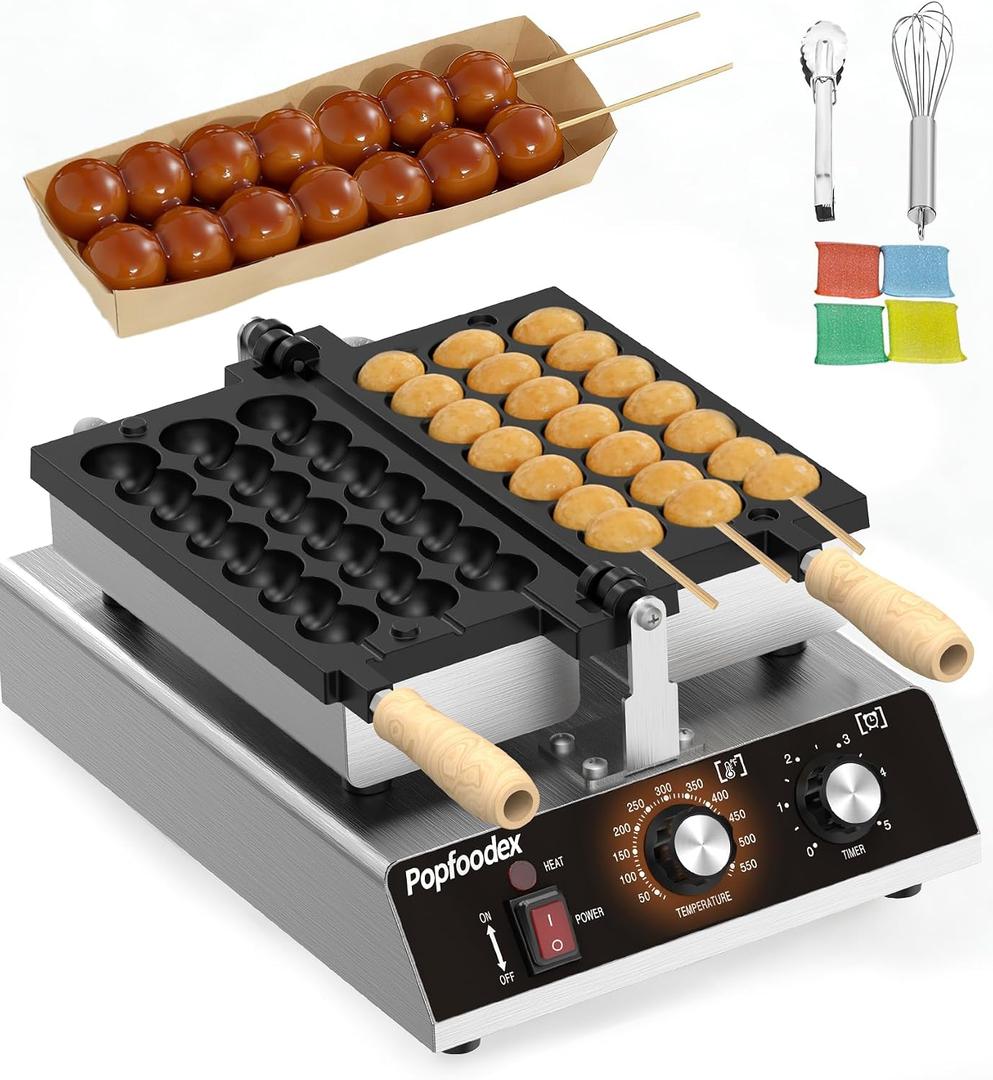 Commercial Waffle Pop Machine, Stainless Steel Waffle Skewer Maker with Nonstick Teflon, 1500W Adjustable Temp & Timer, 3-Grid Electric Waffle Ball Maker, for Snack Bars & Eateries