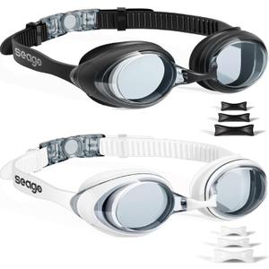 Seago 2 Pack Swimming Goggles Anti-fog Anti-UV Silicone Swim Goggles Adult Women Men (Black & White)