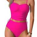 Pink Queen Sexy Tankini Swimsuit for Women High Waisted Bathing Suit Summer Ruched Crop Top Beachwear Removable Adjustable Straps Padded Bra Bikini Top Swimsuit Set Rose Red L