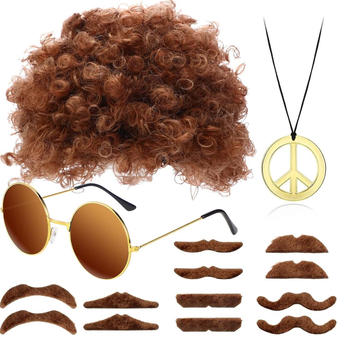 WILLBOND Hippie Afro Wig Disco Accessories Costume Set for Men Sunglasses Peace Sign Necklace Moustache for 50/60/70s Retro Theme Party (Brown)