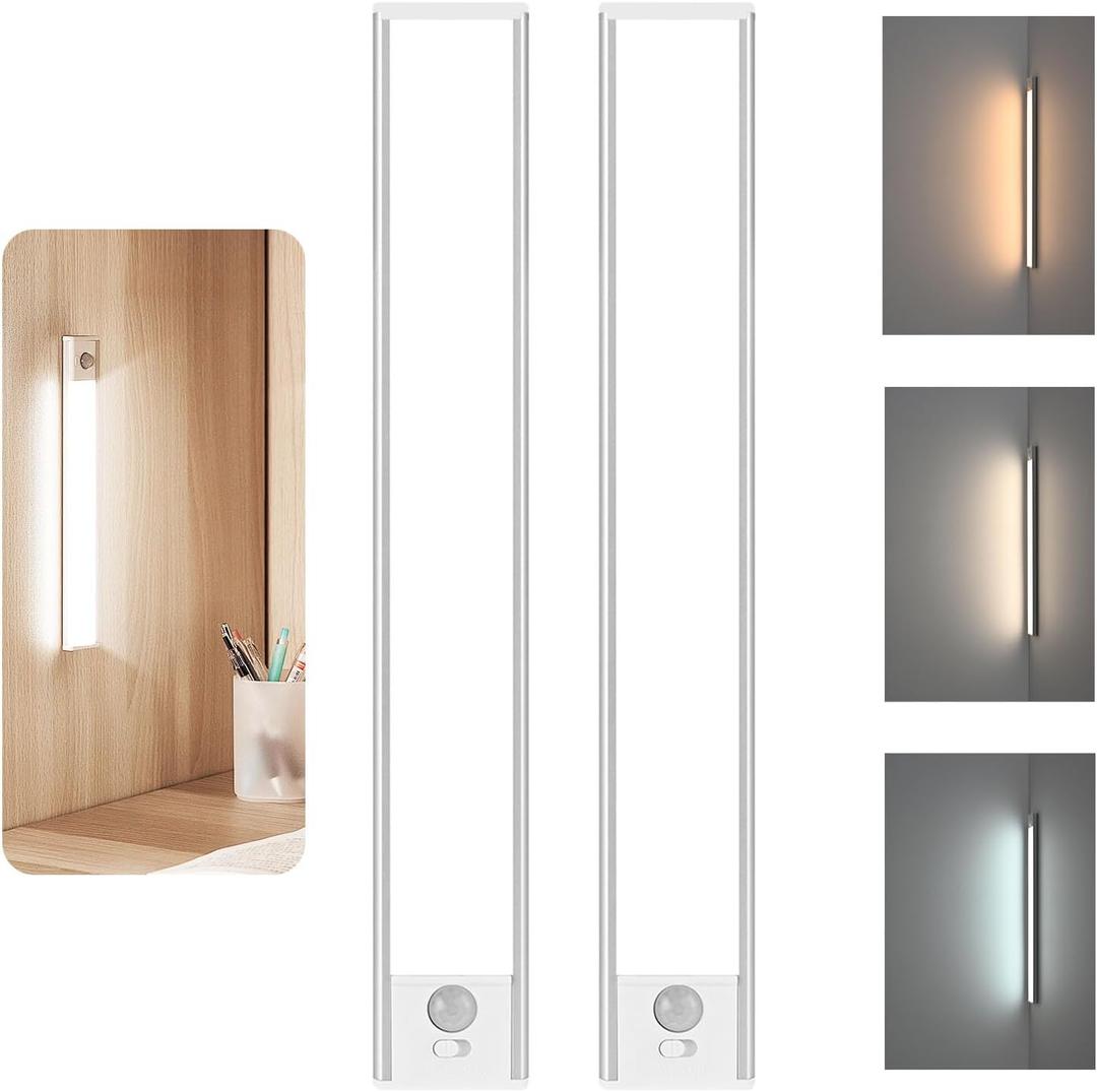 Motion Sensor Under Cabinet Lights, LED Rechargeable Closet Lights Wireless, 3 Color Temperatures Under Cabinet Lighting Dimmable, Magnetic Light Bars for Kitchen, Bedroom Pack of 2 (Upgrade 8inch)