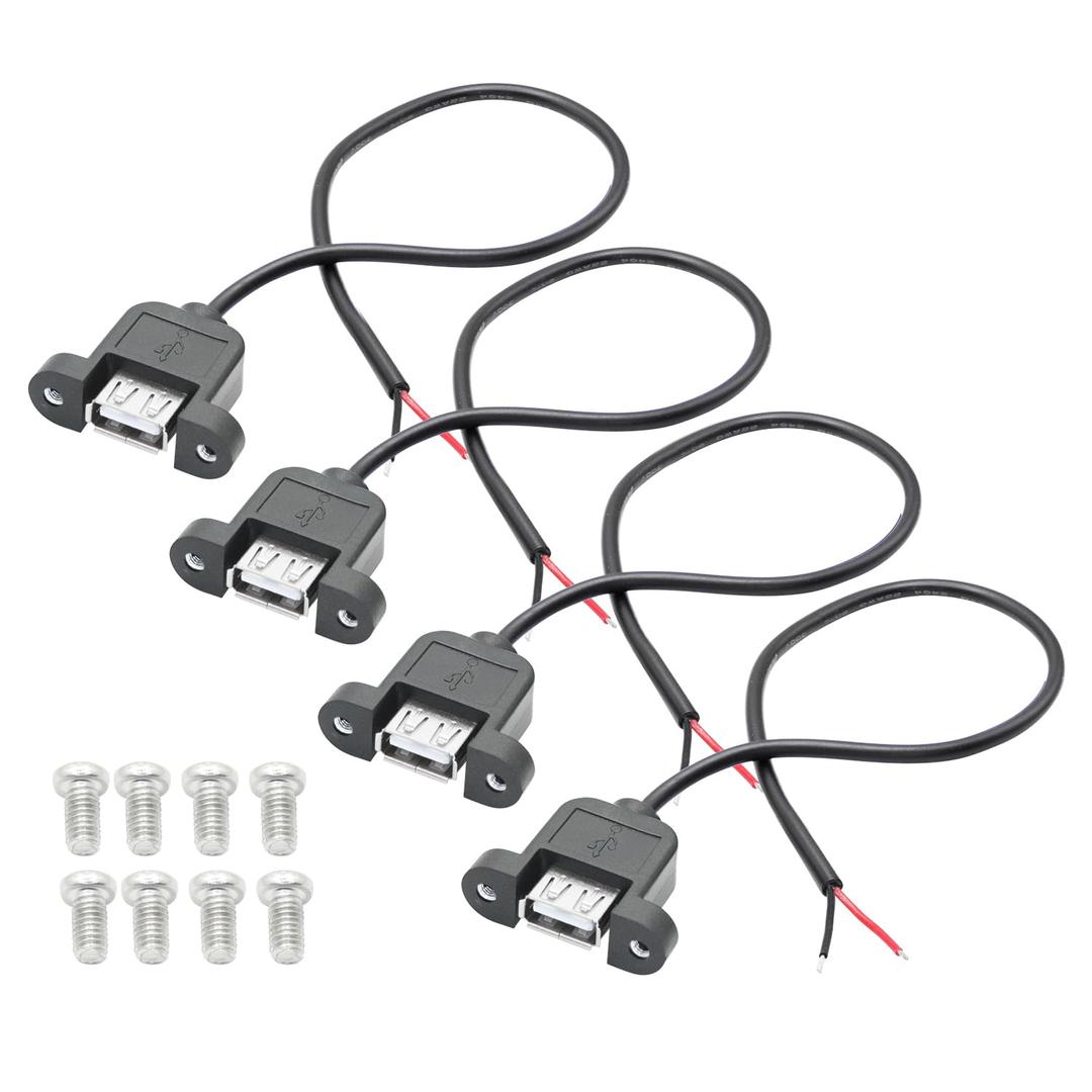 4Pcs USB A Female to 2 Pin Bare Wire 30CM, 5V/3A USB Female Socket 2 Pin Pigtail Open End Power 22AWG Cable with Mounting Screws, for Installed or Replace Repair DIY Cable