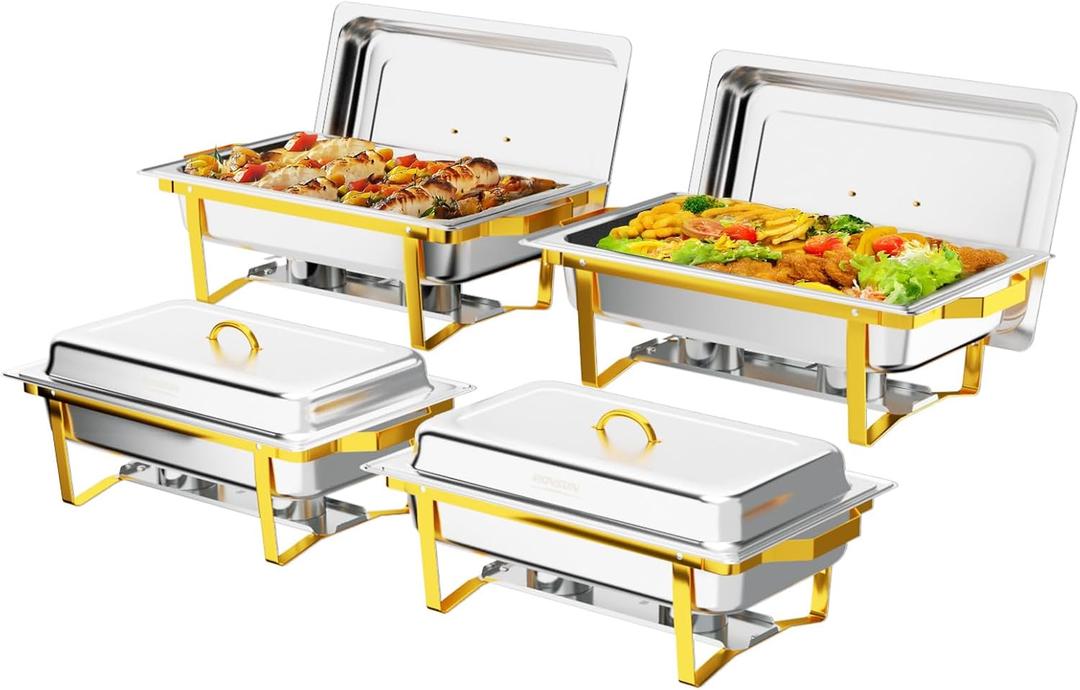 ROVSUN Chafing Dishes for Buffet 4 Pack, 9QT Chafing Dishes [Elegant Gold & Silver] with Rolled-Edge Design, Catering Chafer Warmer Set with Folding Frame for Party Wedding Banquet