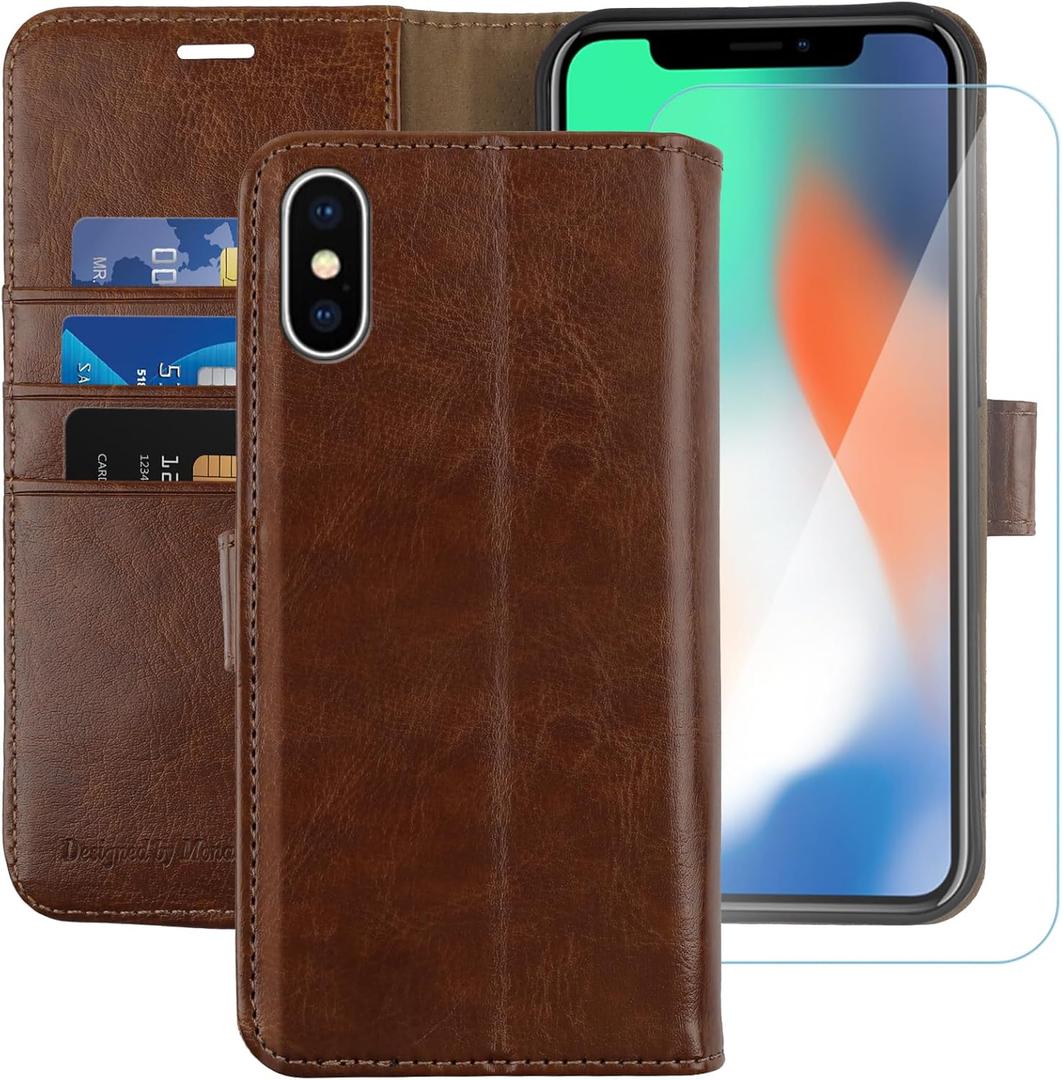 MONASAY Wallet Case Compatible for iPhone X/iPhone Xs, 5.8-inch, [Glass Screen Protector Included] [RFID Blocking] Flip Folio Leather Cell Phone Cover with Credit Card Holder, Brown