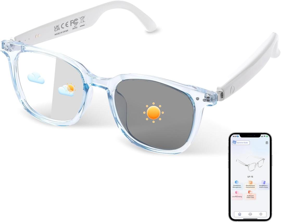 AI Smart Glasses for Men & Women, AI-Powered By Translation, Noise Reduction, Open Ear Audio Mic & Speakers, Translation Glasses with Color-Change Lenses, Support 169 Languages, Business/Travel(Blue)