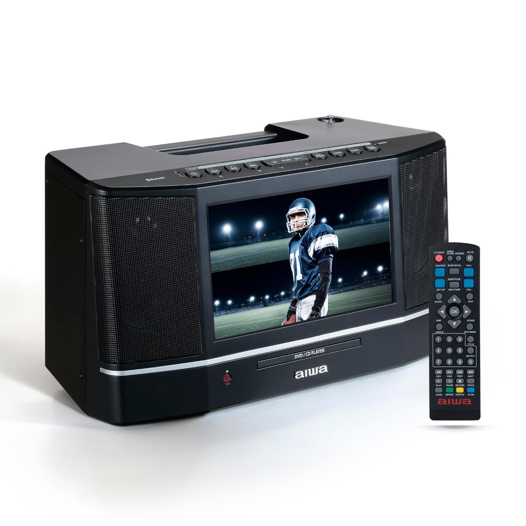 aiwa Cinema Mirror Cast Video Audio System, 10 TFT Screen, 15W Stereo, CD/DVD Player, Screen Mirroring, HDMI/USB/AV/AUX Inputs, FM Radio, Roku/Fire Stick/Google/Apple TV Compatible (Black)
