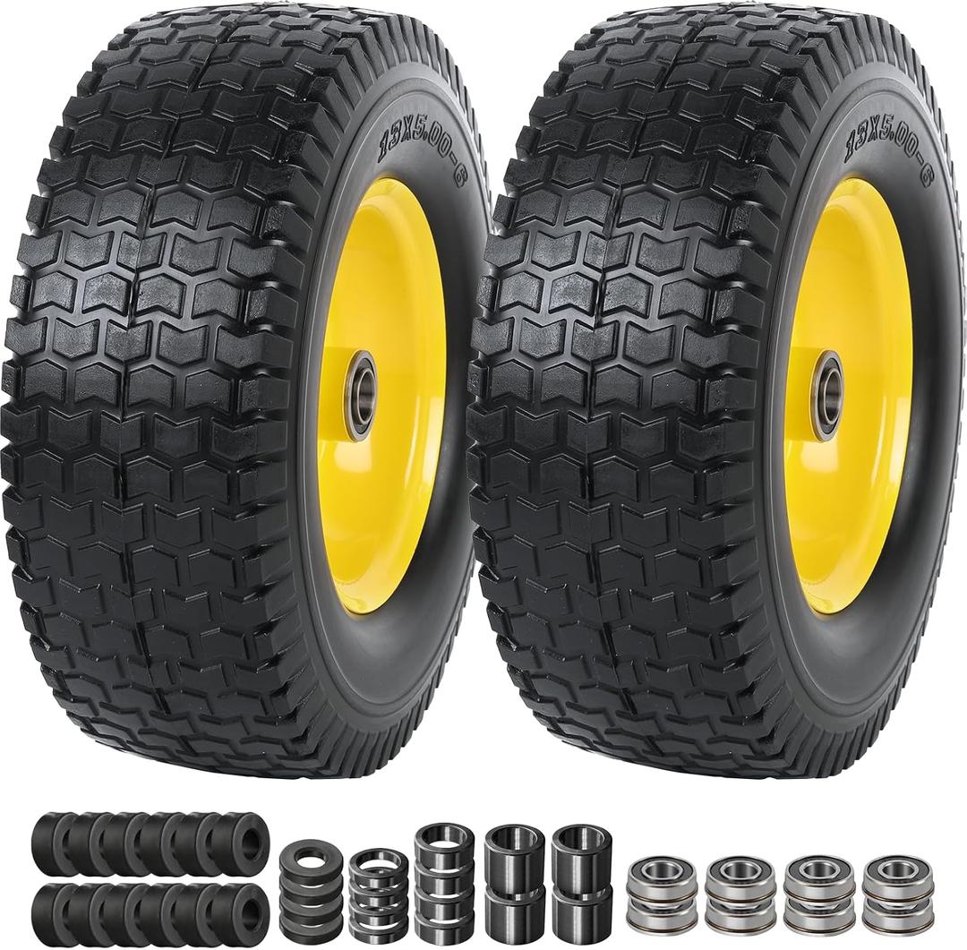 AR-PRO (2-Pack) 13x5.00-6 Flat Free Tire and Wheel Assembly, Solid Lawn Mower Front Wheels with 3"-6" Centered Hub, 3/4" Bearing, Compatible with Riding Mowers & Garden Tractors
