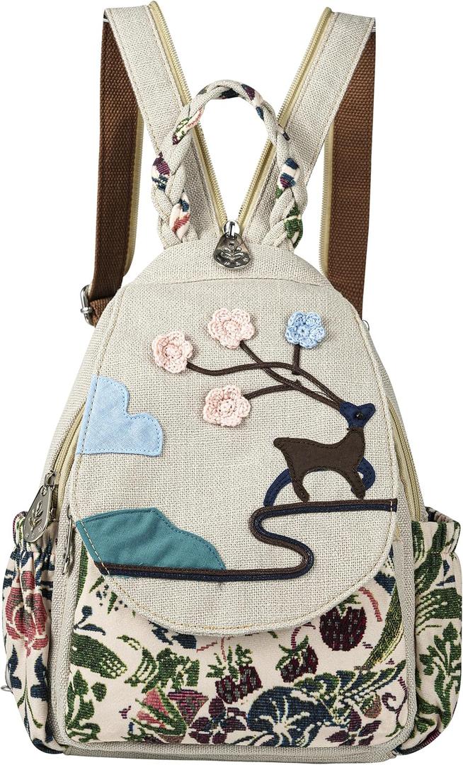 Handmade Canvas Mini Backpack for Women, Cute Convertible Travel Backpack Purse, 3D Panda Decoration Lightweight Compact Boho Canvas Daypack