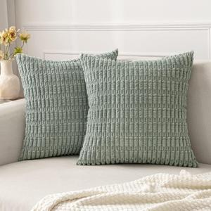 MIULEE Pack of 2 Corduroy Decorative Throw Pillow Covers 18x18 Inch Soft Boho Striped Pillow Covers Modern Farmhouse Home Decor for Sofa Living Room Couch Bed Greyish Green (18" x 18" (Pack of 2))