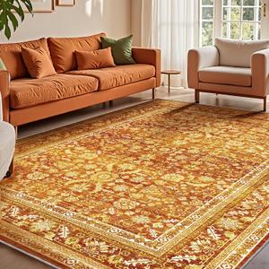 OPPODREAM Vintage Orange Area Rugs 6x9, Washable Rug for Living Room | TPR Non-Slip Backing, Retro Low-Pile Faux Cashmere Surface, 6 by 9 Distressed Carpet for Bedroom, Office, Dorm, Dining Room