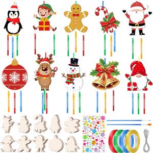 30 Sets Christmas Wind Chime Craft Kit Make You Own Wind Chime Christmas DIY Painting Colorful Wooden Arts Crafts Ornaments Gingerbread Santa Snowman Gnome for Xmas Gifts