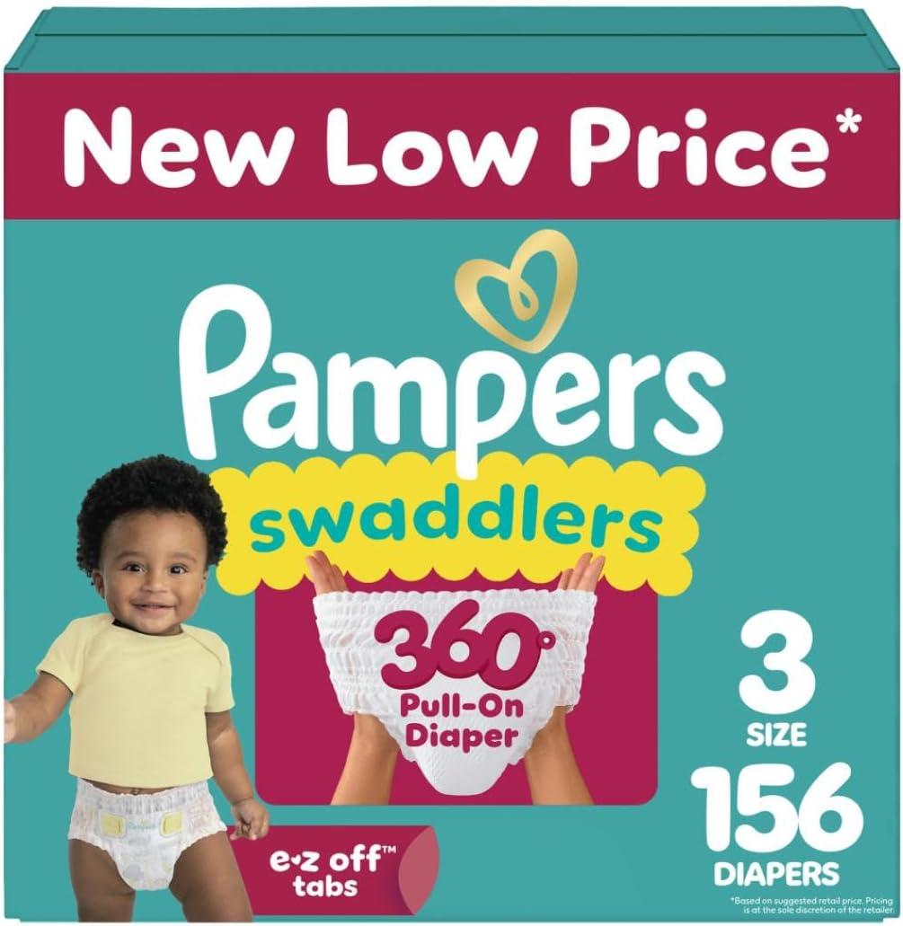 Pampers Diapers - Swaddlers 360 - Size 3, 156 Count, up to 100% Leakproof Comfy Dry Fit, Designed for Easy Changes, Pull On Baby Diaper