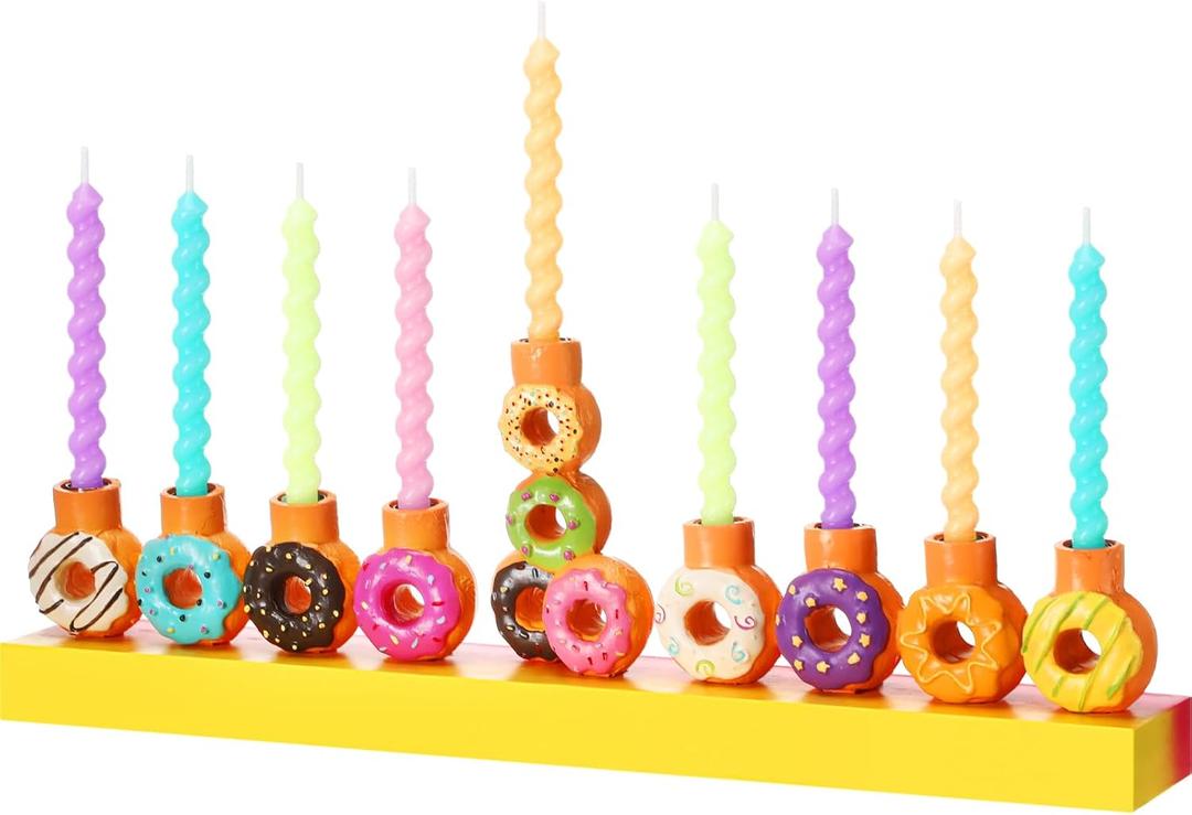 Hand Painted Resin Chanukah Menorah Donut Chanukah Multicolor Menorah for LED Candles Hanukkah Gifts Jewish Holiday Party Favors