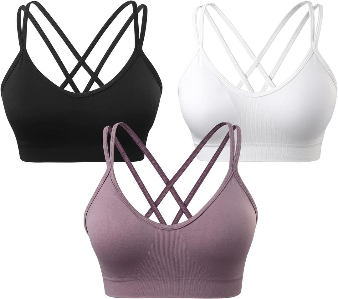 VEQKING Women's Cross Back Sports Bra Padded Strappy Medium Support Yoga Bra for Workout Fitness 3 Pack, S