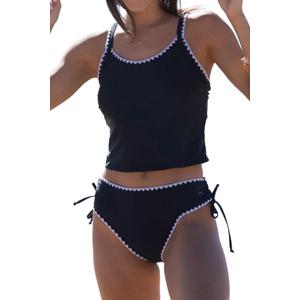 Beachsissi Women's Cute Two Piece Swimsuit White Trim Lace Up Tankini Set (Large, Black)