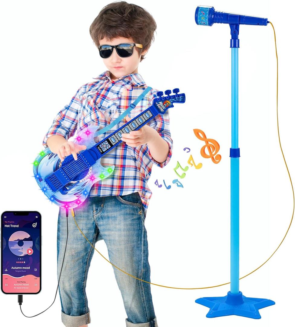 Guitar and Microphone Play Set for Boys New Upgrade,Karaoke Machine with Music&Light,Microphone Toys with Stand,Adjustable Height Guitar Toys for Kids,Toddlers,Child (Blue)