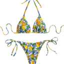GORGLITTER Women's High Waisted Thong Bikini Set Lemon Graphic Halter Triangle Top Swimsuit Bathing Suit (Large, Orange Multicolor)