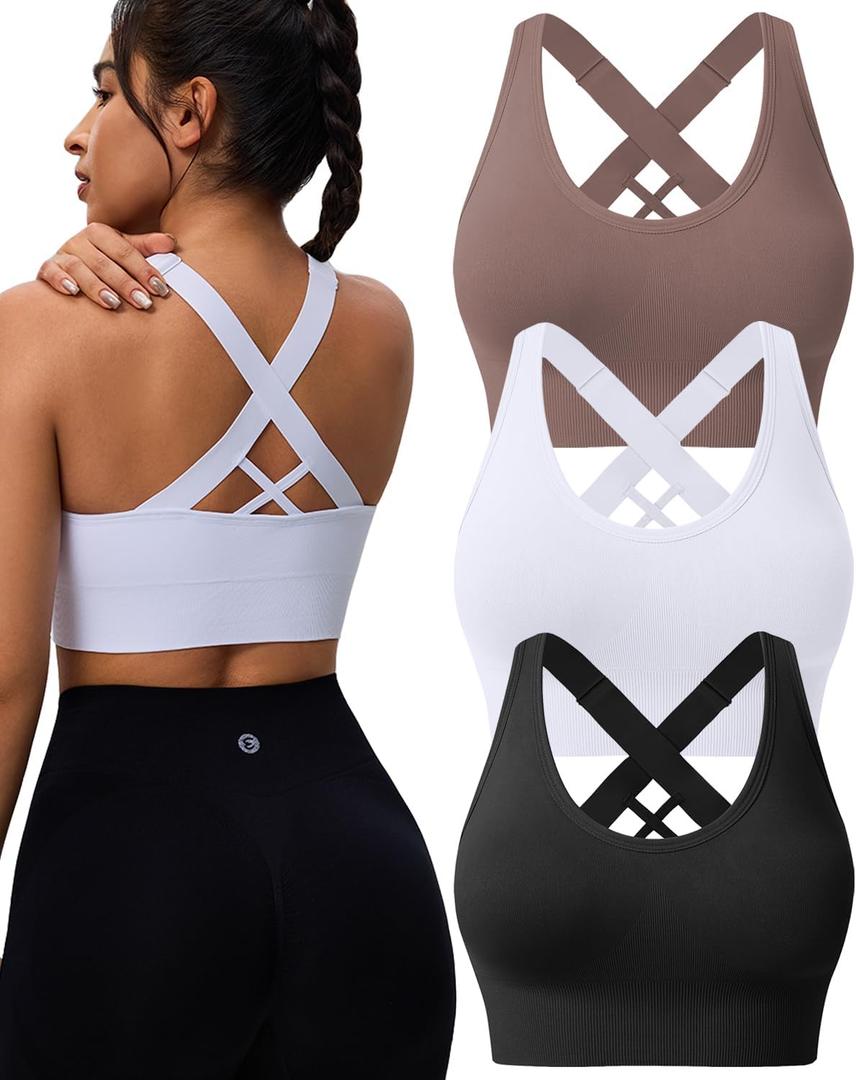 High Support Sports Bras for Women, Padded Criss Cross Seamless 3 Pack (XXL)