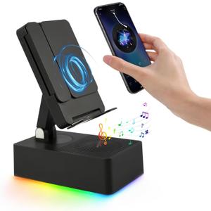 TuneEIf Wireless Induction Bluetooth Speaker, 5-in-1 Foldable Phone Holder, 1500mAh Emergency Charging, Colorful LED Ambient Light, Tech Gadgets Gifts for Men Women, for iPhone Android Tablet, Black