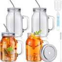 Jinei 4 Sets 20 oz Mason Jar Drinking Glasses with Handle and Straws Glass Tumbler with Wide Mouth Drinking Cups Reusable Mason Jar Mugs with Brush for Party Cold Drinks Smoothie Tea Iced Coffee