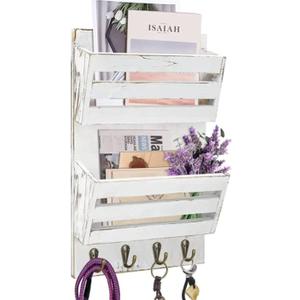 Unistyle Mail Holder with Key Hooks Mail Organizer Wall Mount Hanging Mail Organizer for Home,Office,Entryway,Mail Holder Wall Mounted for Letter, Magazines, Keys, Leashes (Rustic White)