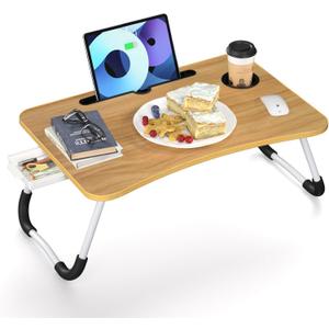 Foldable Laptop Bed Table Tray, Folding Lap Desk with Cup Holder, Portable Serving Breakfast Tray with Storage Drawer/Tablet Stand/for Working, Writing, and Eating on Bed, Sofa, Floor - Natural