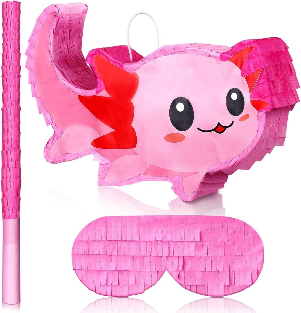 Sratte Pink Axolotl Piata Cute Axolotl Party Supplies Piata with Blindfold and Bat Party Decorations for Birthday Fiesta Supplies, 14.96 x 9.45 x 2.95 inch