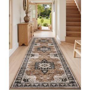 DEXI Hallway Runner Rug 3x7, Distressed Non Slip Runners Carpet, Boho Vintage Soft Thin Indoor Rug, Stain Resistant Washable Entry Mat for Entryway Kitchen Laundry Room Living Room, Brown