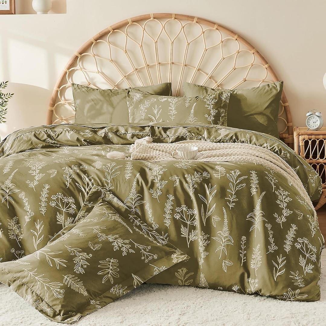 MUXHOMO Duvet Cover King Size, Reversible Floral Olive Green Duvet Cover Set with Zipper Closure, 3 Pieces Botanical Patterns Soft Microfiber Bedding Set (90"x104", 2 Pillow Cases 20"36")